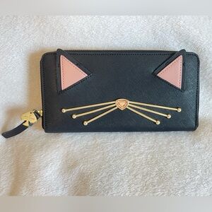 Kate Spade Cat Wallet Black Saffiano Leather Zip Around Pink Novelty